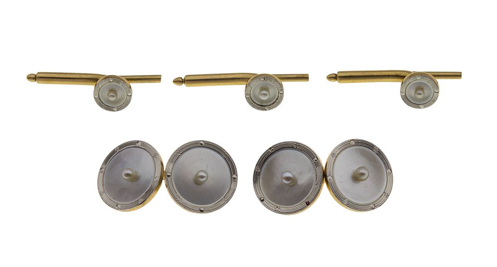 Lot 349: 14k Yellow Gold and Platinum Tuxedo Stud and Cufflink Set