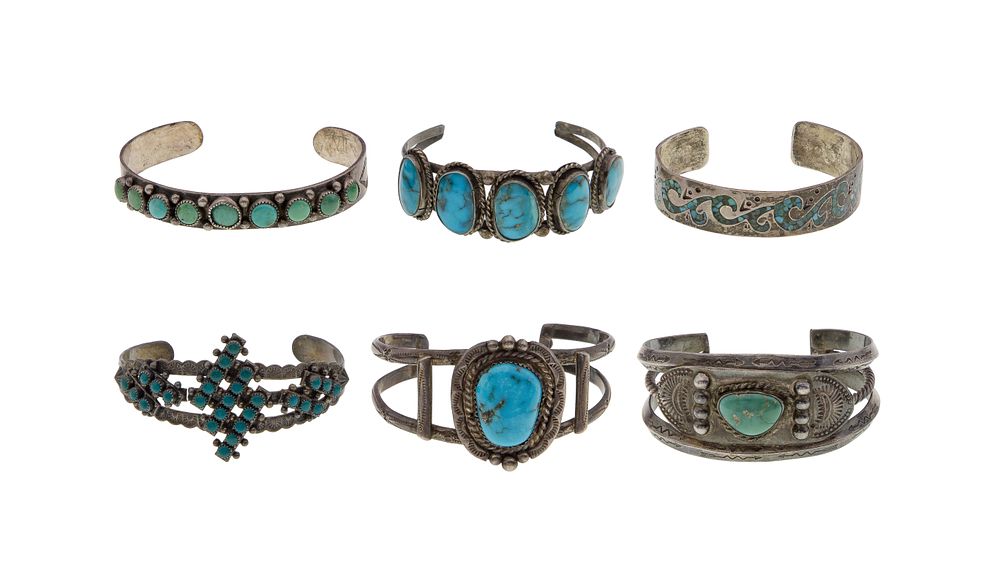 Lot 382: Native American Silver and Turquoise Cuff Bracelet Assortment