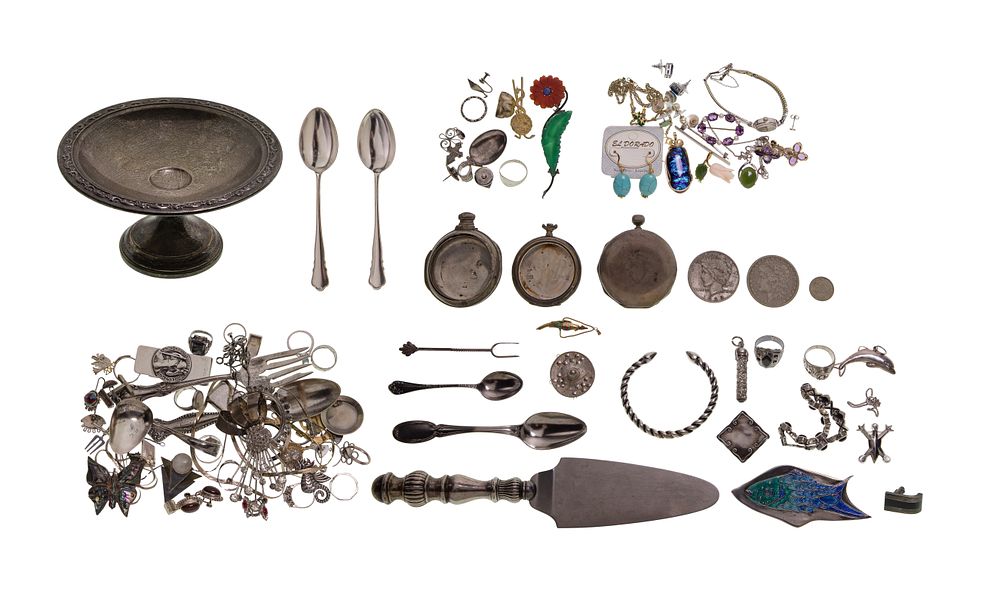 Lot 397: Silver Jewelry, Tableware and Coin Assortment