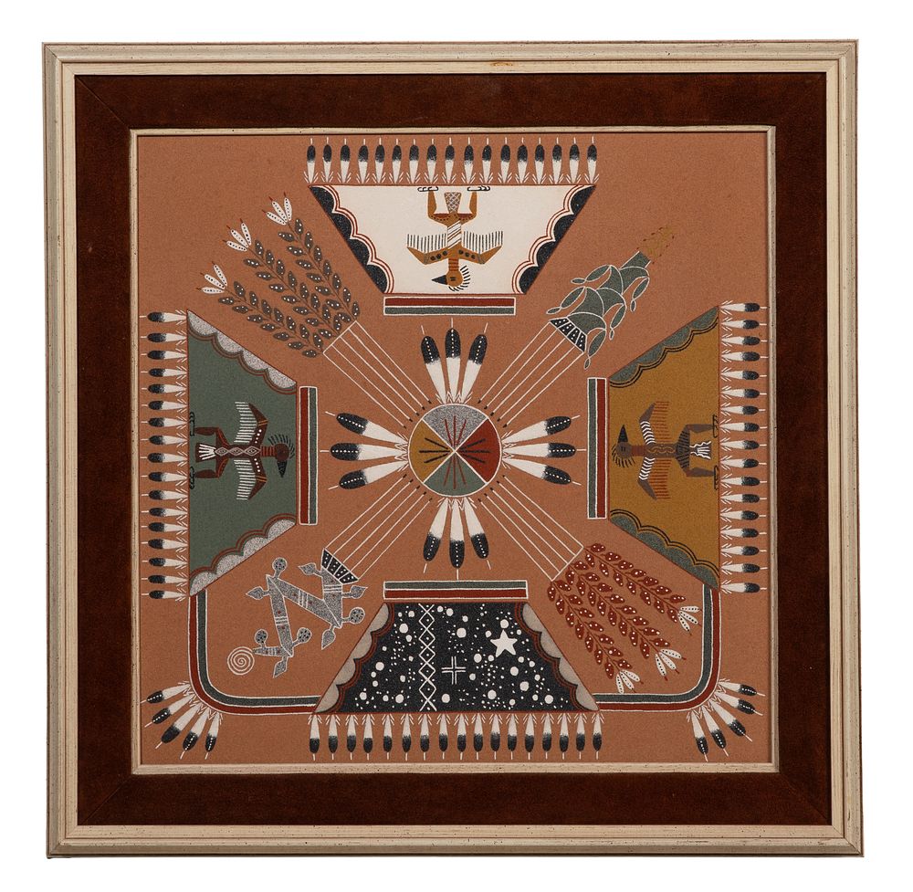 Lot 446: Herbert Ben Sr. (American / Dine, b.1950) 'Stone Figure Rain and Lightning' Sand on Board