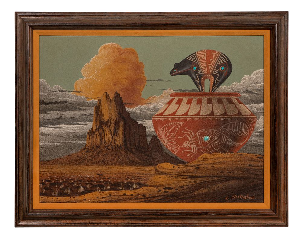 Lot 449: Eugene Baatsoslanii Joe (American / Dine, b.1951) 'Shiprock' Sand on Board