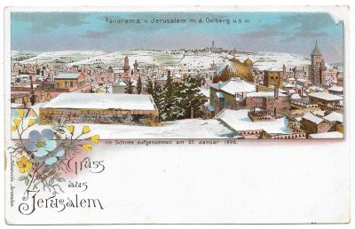 Greetings Postcard - Jerusalem in Snow - 1898. Gruss aus Jerusalem Lithograph Postcard showing 