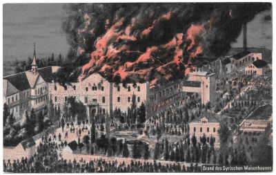 Syrian Orphanage Fire - Jerusalem, Palestine, 1910. Postcard showing the Syrian Orphanage in 