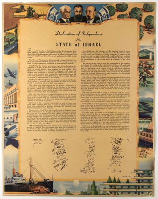 Poster with Israel Declaration of Independence translated into English. The declaration is 