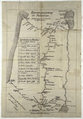 Caravan Routes in Palestine Linen Map - Germany, 1881. Caravan Routes in Palestine, Distance in 