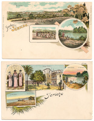 2 Postcards - Jericho and its surroundings. Two lithograph Postcards showing views of Jericho 