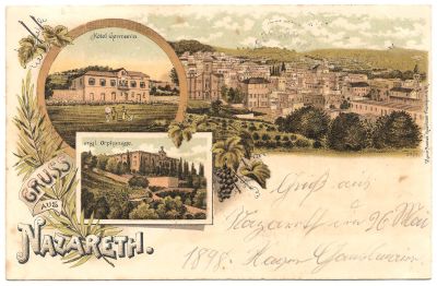 Greetings Postcard - Nazareth - Ottoman Stamp - 1898. Gruss aus Nazareth Lithograph Postcard 