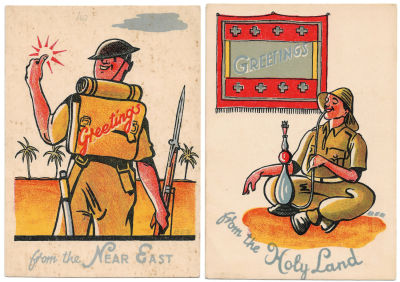 3 Greeting Postcards for British Soldiers - Holy Land. Three greeting postcards printed for 