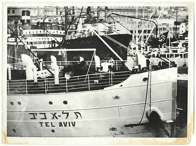 Photo of Tel Aviv Ship with the Nazi Flag. Press photograph documenting the ship Tel Aviv 