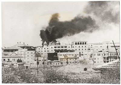 Press Photo - Russian Compound Burning, Jerusalem, 1948. Press Photograph Depicting the Russian 
