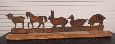 Folk Art Animal Farm Silhouette, Cut Steel. Flange attached to wood board. Size: 7.5"H x 32"W x 