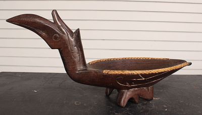 Borneo Dayak Effigy Bowl. Carved wood and braided grass. Size: 8.5"H x 18.5"W x 6.5"D 