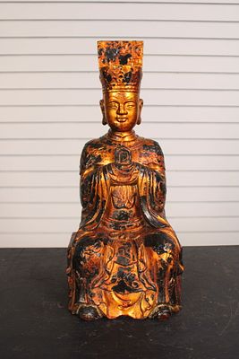 Chinese Carved Wood and Gilded Buddha, 18". Chinese Carved Wood and Gilded Buddha. Carved wood. 