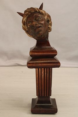 Pan Protome Column, Cabinet Statue. Tapered wood column with a carved head of Pan on top 