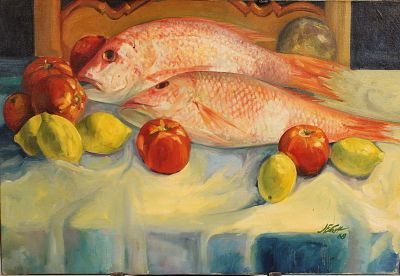 Mid 20th C Still Life, Signed James F. Scott 68. Size: 19.5"H x 18.5"W stretcher Condition: 