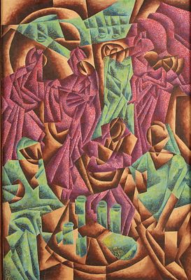 Manner of Bohumil Kubista, Ritual Scene. Size: 37.5"H x 25.5"W Condition: Shipping: There are 