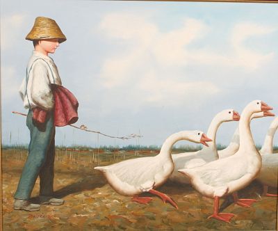 Boy and Geese, Giclee, Signed. Size: frame 25.25"H x 29.25"W sight 19.5"H x 23.5"W Condition: 