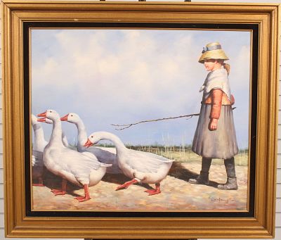 Girl and Geese, Giclee, Signed Hampton. Size: frame 25.25"H x 29.25"W sight 19.5"H x 23.5"W 