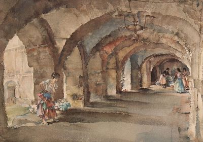 W. Russell Flint, Flowers in The Cloister Litho. Signed in pencil. Embossed with Michael 