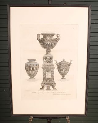 Giovanni Battista Piranesi (1720-1778) Engraving. Three vases with antique pedestal... From the 