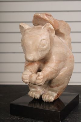 Figural Carved Alabaster Squirrel. Monogrammed, unknown artist. Size: figure 8"H x 8"W x 4"D 