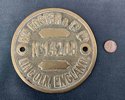 Circular Cast Brass Railway Engine Makers Plate. Wm. Foster and Co. Lincoln England. Railwayana. 