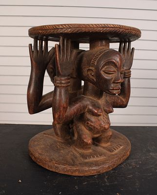 Hemba Luba People, Figural Couples Stool. Carved wood, African, Size: 16"H x 14"W x 13"D 