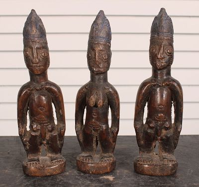 Rare Group of Ibeji Triplets, Yoruba Culture. Size: 10"H x 3"W x 2.5"D tallest Condition: 