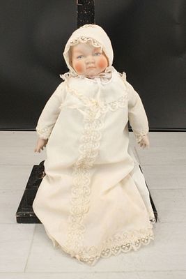 Antique Porcelain Doll. Porcelain head and hands. Unknown maker. Size: Doll 15" head to toe 
