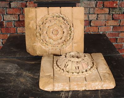 2 Architectural Carved Stone Roundels with central rosette. Size: 15"H x 17.5"W x 5"D 