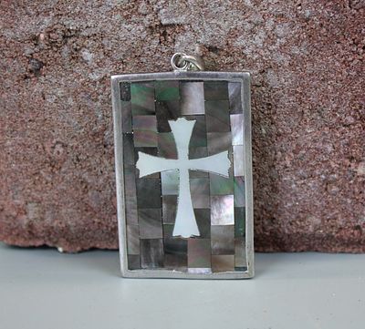 Large Silver Cross Pendant Set with Abalone &amp; Mother of Pearl