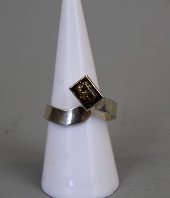 Silver Baltic Amber Set Ring - Approx Size R