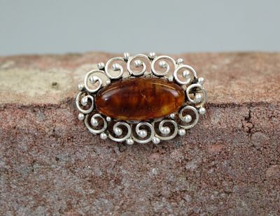 Silver Amber Set Brooch