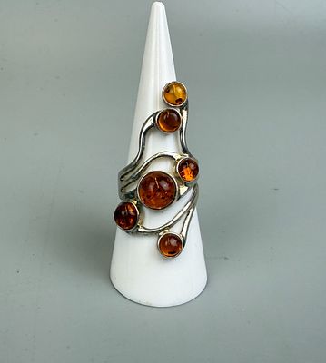 Silver Amber Set Ring.- Approx Size N