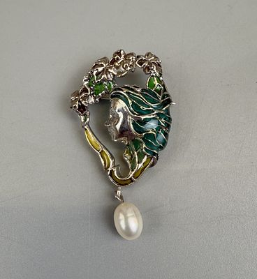 Silver &amp; Enamel Pearl Drop Brooch