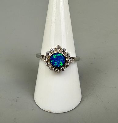 Silver Opal &amp; White Stone Set Ring Approx. Size - Q