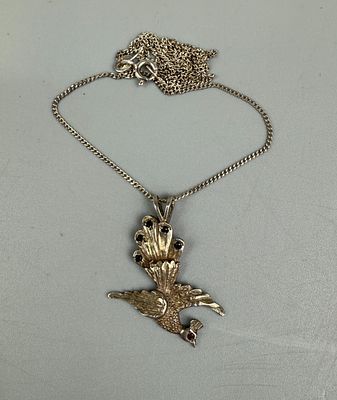 Silver Peacock Pendant Set with Ruby &amp; Sapphire on Silver Chain