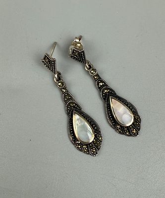 Pair of 925 Silver Drop Earrings Set with Marcasite &amp; Mother of Pearl