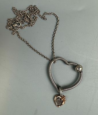 Pandora Heart Charm Pendant with Silver &amp; Rose Gold Love Forever Charm on Silver Pandora Chain