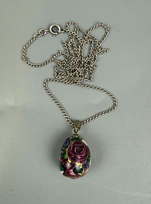 Silver Guard Chain with Porcelain Hand Painted Egg Pendant