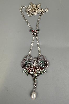 Silver Enamel Art Nouveau Style Winged Lady Necklace With Peal Drop.