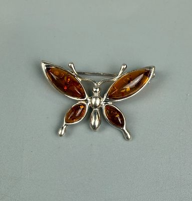 Silver Amber Set Butterfly Brooch