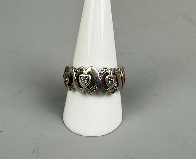 Silver Heart Design Multi Stone Set Ring Approx. Size - U