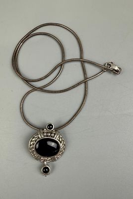 Silver Onyx Set Pendant on Silver Snake Chain