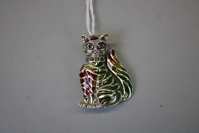 Silver Enamel Cat Brooch Set With Marcasite & Ruby