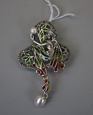 Silver Enamel Fairy Brooch / Pendant Set with Marcasite & Pearl