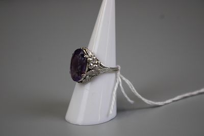 Silver Art Nouveau Amethyst Set Ring - Approx Size L &frac12;