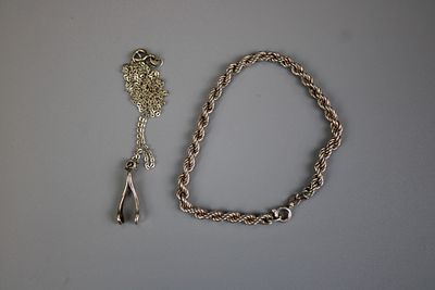 Vintage Silver Rope Bracelet &amp; Silver Wishbone Pendant on Silver Chain