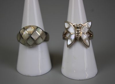 2 Silver Mother of Pearl Mosaic Set Rings
