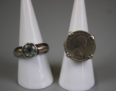 2 Silver Rings 1 Set with a Coin